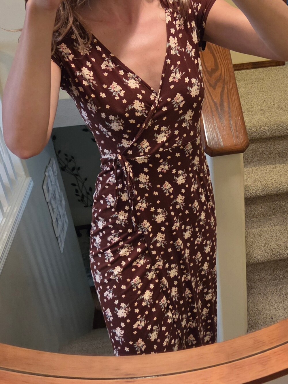 Rebel Sugar Chocolate Brown Floral Wrap Midi Dress, Fits Like M